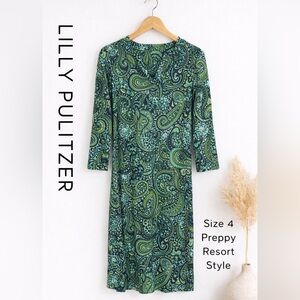 Lilly Pulitzer Silk Knit Paisley Leopard Print Shift Dress Green Blue Size 4